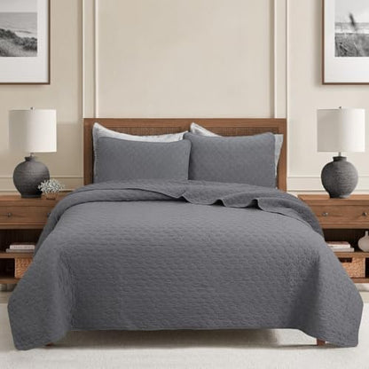 Cozy Line Home Fashions 100% Cotton Quilt Set – 3-Piece Charcoal Gray Solid Classic Modern Quilted Bedspread with Shams, Lightweight All Season Modern Bedding (Honeycomb Gray, Queen)