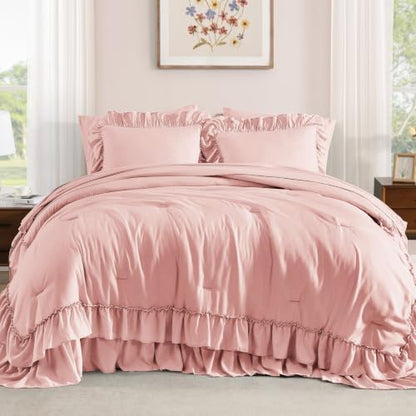 Queen Comforter Set Rosewater Ruffle 7 Pieces Farmhouse Bed in a Bag