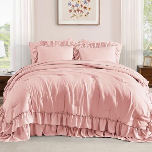 King Size Comforter Set Rosewater Ruffle 7 Pieces Farmhouse Bed in a Bag