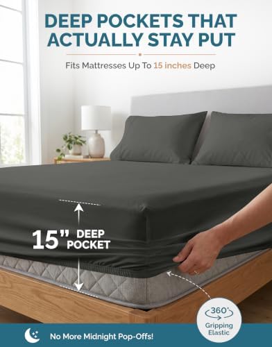 Casa Platino Cal King Sized Sheets – 6 Piece Cal King Size Sheets Set, Soft & Breathable, with 15 Inch Deep Pocket Fitted Sheet, Cozy Cooling Sheets, Great for Daily Use, Machine Washable – Dark Grey