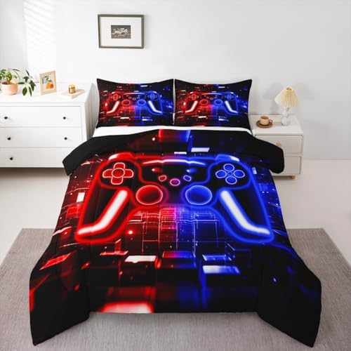 Gamer Comforter Set Gaming Girl Toddler Bedding Set, Neon Lights Video Game Console Comforter Red Blue Brick Cube Quilt,Gaming Room Decor for Boys