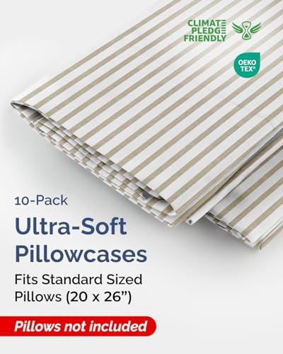 Standard Pillow Cases Set of 10 - Soft Pillowcase Covers - Beige Stripes