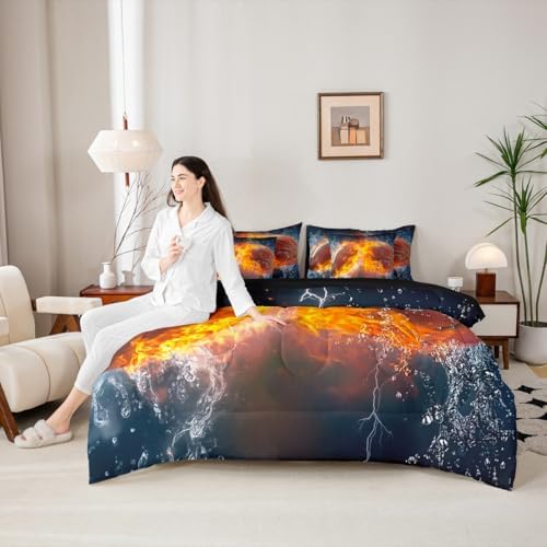 Erosebridal Rugby Football Basketball Themed Comforter 7Pcs - 3D Gaming Sport Bedding Set for Kid Teen Girl Boy Adult Balls Sports Games Ice and Fire Ball Pattern Bed in A Bag King Size