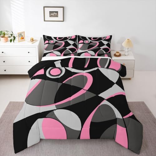 Feelyou Pink Grey and Black Comforter Retro Circle Geometrics Comforter Set Modern Abstract Art Bedding Set for Kids Boys Girls Geometrics Swirl Duvet Set Luxury Room Decor Quilt Set Queen Size