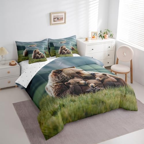 Erosebridal 7 Piece Bear Family Comforter Set Twin Rustic Wild Animals Bedding Set Country Woodland Bear Bed in a Bag for Boys Girls Farmhouse Cabin Sheet Set with Comforter Natural Wildlife Decor