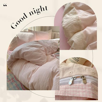 VM VOUGEMARKET Pink Grid Duvet Cover Set Queen 3 Pieces Lace Bedding Set Simple Cozy Plaid Checkered Comforter Cover with Zipper Ties for Teen Girls (No Filling)