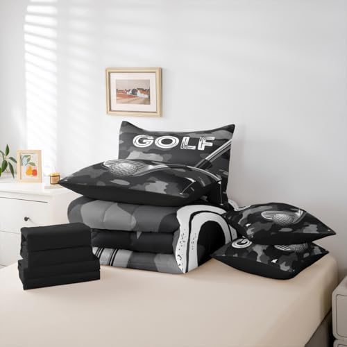 Erosebridal Golf Bedding - Sports Ball Pattern King Comforter Set with Sheets, Camo Golf Print Kids Comforter Sets for Boys Girls 7 Pieces Bed Set Bedroom Decor