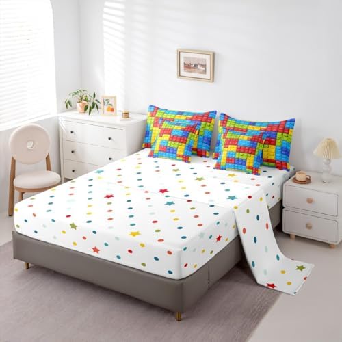 Feelyou Colorful Toy 7 Piece Bedding Set Teen Women Men Funny Building Blocks Decoration Comforter Set with Sheets King Size Kids Boys Colorful Geometric Brick Bed in a Bag Cute Games Room Decor