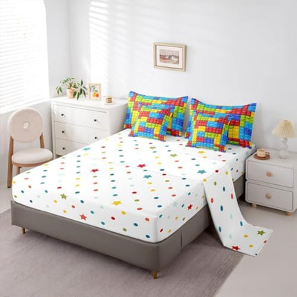 Feelyou Colorful Toy 7 Piece Bedding Set Teen Women Men Funny Building Blocks Decoration Comforter Set with Sheets King Size Kids Boys Colorful Geometric Brick Bed in a Bag Cute Games Room Decor