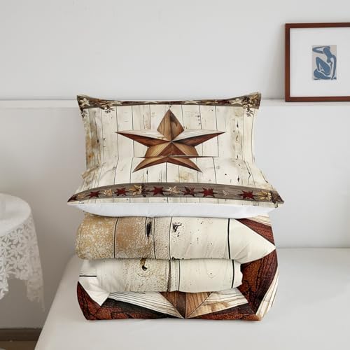 Manfei West Texas Star Comforter Set Full Size, Rustic Farmhouse Quilt Set with 2 Pillowcases, Grey Wooden Plank Bedding Set 3pcs for Kids Boys Teens Room Decor, Lightweight Duvet Insert