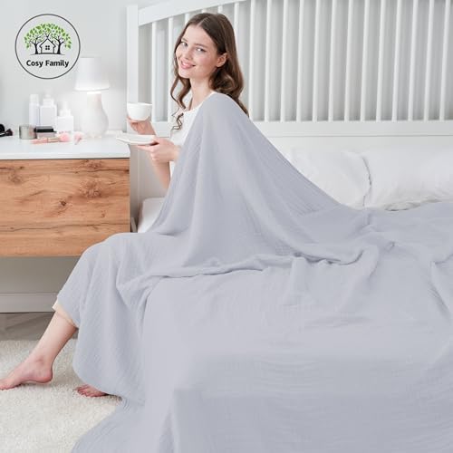 Cosy Family 4 Layer Muslin Bed Blanket - Breathable and Lightweight Gauze Boho Blanket for Spring, Soft 100% Cotton Muslin, Slate, 55x80 Inches