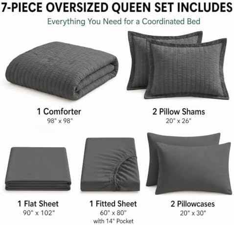 HIMEET Oversized Queen Comforter Set, 7-Piece Seersucker, Dark Grey