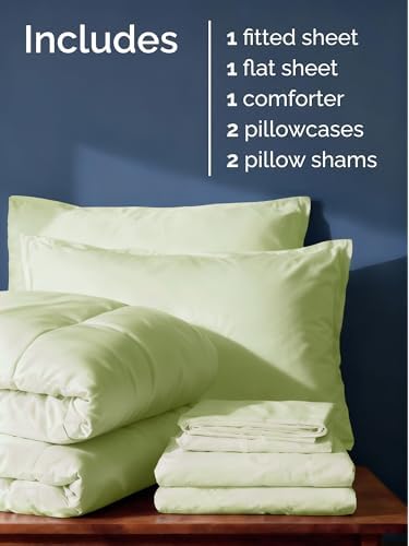 Queen Comforter Set - 7 Piece Reversible Bed in a Bag - Light Sage/Emerald