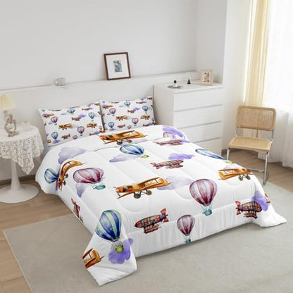 Erosebridal Twin Airplane Bedding Set for Boys Girls,Vintage Hot Air Balloon Comforter Set Air Plane Decor for Kids Bedroom,Airship Aircraft Comforter Set Aviation Themed Quilt Bed Set 2Pcs