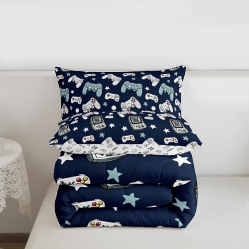 Castle Fairy Gamepad Comforter Set King Size,Video Gaming Blue Down Alternative Adults Bedroom Decor,Kids Games Consoles Ultra Soft Microfiber Inner Fill 3 Pcs Bedding