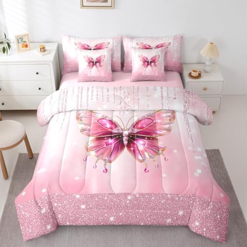 Feelyou Pink Butterfly Comforter Set with Sheets 7 Piece Twin Size Dreamy