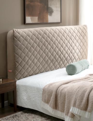 Velvet Bed Headboard Cover Slipcover - Stretch Quilted & Thicken Dustproof Protector for Queen/King, Washable Decorative Headboard Cover for Bedroom (Khaki, 59x27.5 inch)