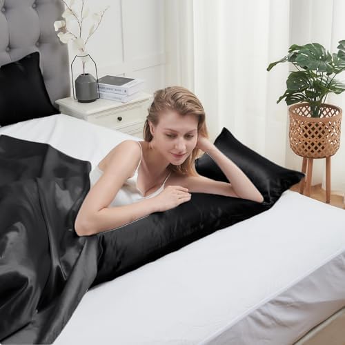 Vielit Satin Body Pillow Pillowcase 1pc,Silky Body Pillow Cover Similar to Silk Pillow Cases Soft Body Pillow Case 20x54 & Envelope Closure,Gift for Women Men Black & 1 Satin Scunchie