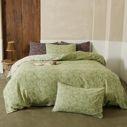 BISELINA 100% Cotton Muslin Duvet Cover Set Queen, 3 Pcs Yarn-Dyed Jacquard Textured Vintage Rose Pattern, Soft and Breathable Bedding Set with Zipper Closure, Light Green