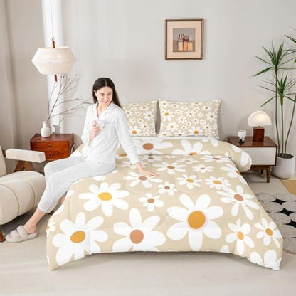 jejeloiu Retro Daisy Farmhouse Bedding Set for Boys Girls, Cute Daisy Comforter Set Toddler Size Cute Flower Duvet Quilt Microfiber Floral Botanical Pattern Bedroom Decor 2 Pcs with 1 Pillow Cases