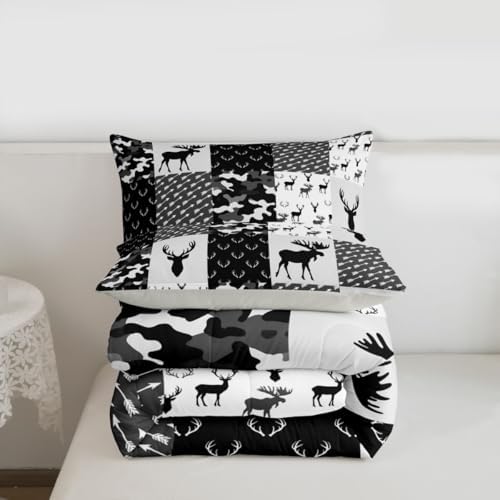 Erosebridal Deer Comforter Set for Boys, Grey Black Camo Down Comforter Boho Antlers Silhouette Bedding Set Kids Teens Camouflage Grunge Arrows Pattern Duvet Sets with 2 Pillow Cases, Queen Size
