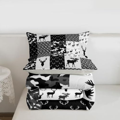 Erosebridal Deer Comforter Set for Boys, Grey Black Camo Down Comforter Boho Antlers Silhouette Bedding Set Kids Teens Camouflage Grunge Arrows Pattern Duvet Sets with 2 Pillow Cases, Queen Size