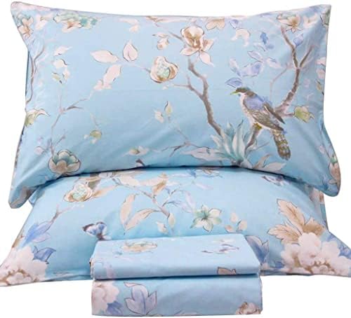 QSH 100% Egyptian Cotton Sheets Full Size Set, Blue Bird Plant Pattern Botanical Luxury Cotton Printed Bedding Floral Full Bed Sheets Extra Soft and Breathable 4pcs Deep Pockets Sheets