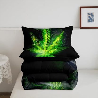 Erosebridal Boho Plant Comforter Set Twin Size, Adult Bohemia Leaves Bedding Set, Exotic Leaves Rustic Down Comforter for Kids Teens Women, Maple Leaf Quilted Duvet Bedroom Decor, Green Black