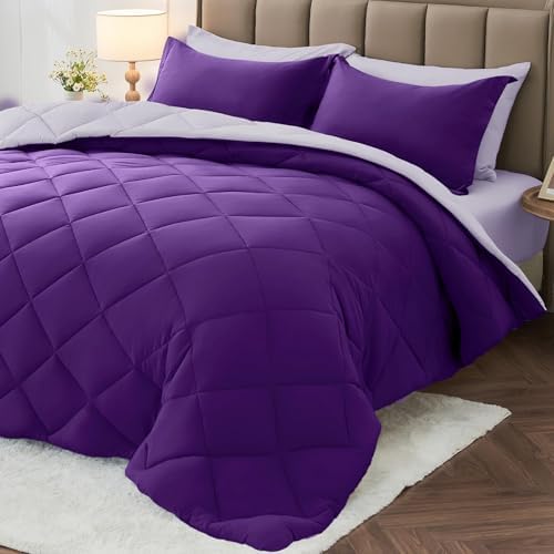MUXHOMO 7 Pieces King Comforter Set, Reversible Bed in a Bag King Size, All Season Bedding Set with Comforter, Flat Sheet, Fitted Sheet, Pillowcases & Shams, Purple & Lavender