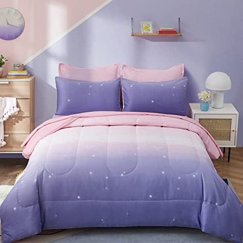 Dinjoy Girls Comforter Set Twin Size 6 Pieces Bed in A Bag Colorful Ombre Pink Purple Rainbow Bedding Set for Kids Teen (1 Comforter, 1 Flat Sheet, 1 Fitted Sheet, 1 Pillow sham, 2 Pillowcases)