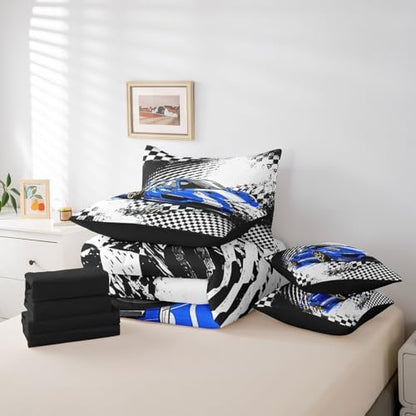jejeloiu Blue Race Car Comforter Set with Sheets Queen Size for Kids Boys Girls Checkerboard Racing Flag 7 Pieces Bedding Set Cartoon Bed in a Bag Bedroom Decor Soft Lightweight Microfiber