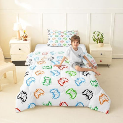 Castle Fairy Gaming Comforter Set,Modern Gamepad Bedding Set Kids Teens Modern Decor,Colorful Graffiti Comforter with 1 Pillowcase for All Seasons,Twin