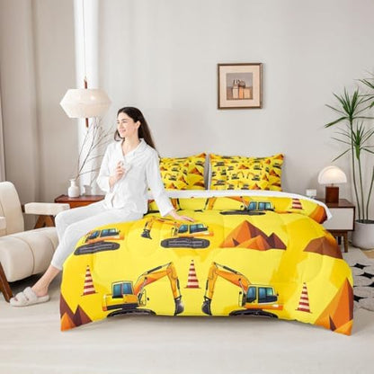 Erosebridal Boys Construction King Comforter Set with Sheets, Excavator Bed in A Bag for Kids Men Boys Room Decor, Yellow Vehicle 7-Piece Bedding Set, Equipment Trucks Bed Sets, Lightweight