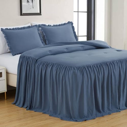 Chezmoi Collection Sinclair 3-Piece Ruffle Skirt Bedspread Set - French Country Chic Farmhouse - California King, Dusty Blue