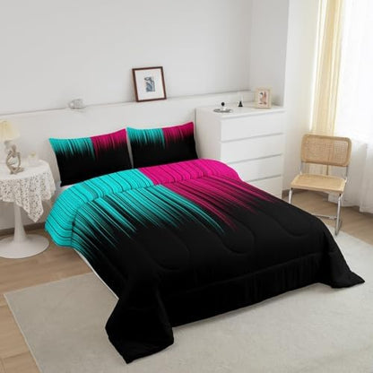 Feelyou Abstract Ombre Comforter Set Twin Size, Kids Teens Teal and Red Girls Bedding Sets Decor Modern Geometric Stripes Quilt Set with 1 Pillow Case