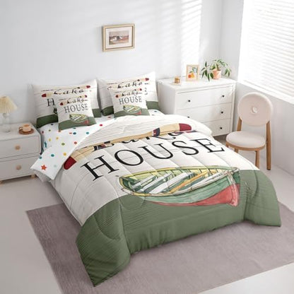 Erosebridal Lake House Decor 7 Pcs Bedding Set Queen,Rustic Farmhouse Style Comforter Set,Navy Green White Wood Grain Bed in a Bag,Retro Boat Paddle Sheet Set,Lake House Decor for The Home