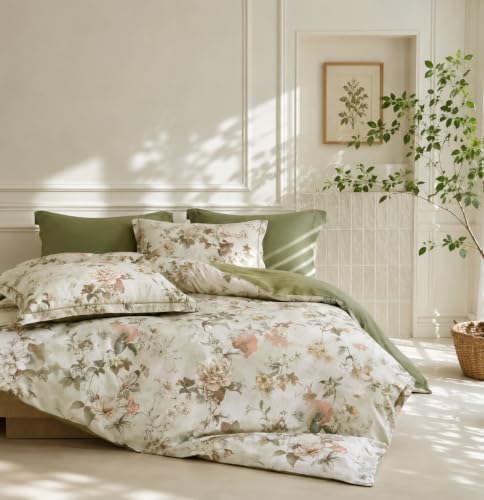 King Comforter Set 3 Pieces, 100% Cotton Vintage Floral Bedding Set for All‑Season, Soft Breathable Reversible Comforter with 2 Pillow Shams