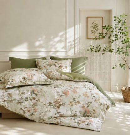 King Comforter Set 3 Pieces, 100% Cotton Vintage Floral Bedding Set for All‑Season, Soft Breathable Reversible Comforter with 2 Pillow Shams