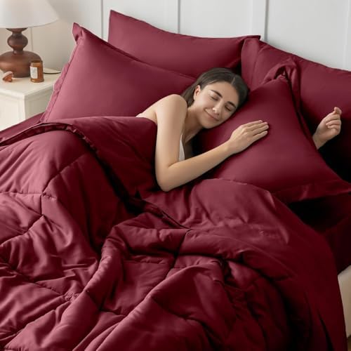 JOLLYVOGUE Twin Comforter Set, Ultra-Soft Bed in a Bag Twin Size 5 Pieces, Oeko-TEX Certified Bedding Set with Down Alternative Comforter, Sheets, Pillowcases & Shams, Burgundy
