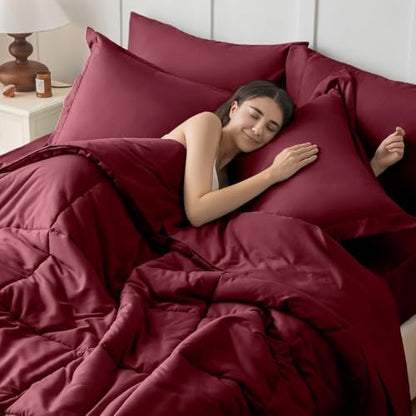 JOLLYVOGUE Twin Comforter Set, Ultra-Soft Bed in a Bag Twin Size 5 Pieces, Oeko-TEX Certified Bedding Set with Down Alternative Comforter, Sheets, Pillowcases & Shams, Burgundy