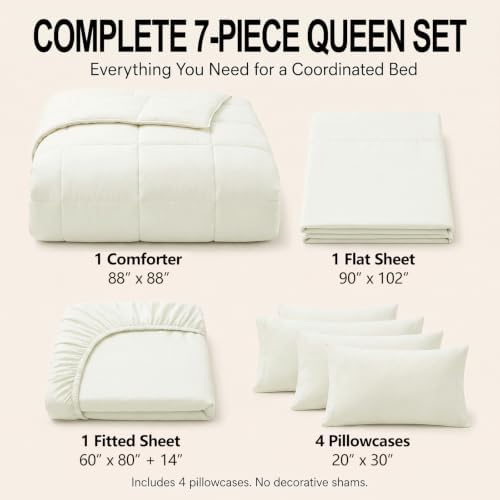 CozyLux Queen Comforter Set Ivory - 7 Pieces Bed in a Bag