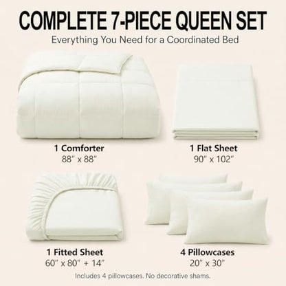 CozyLux Queen Comforter Set Ivory - 7 Pieces Bed in a Bag