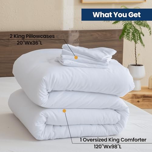 Paxrac White Oversized King Comforter Set 120x98In, 3 Pieces Comforter Set, Lightweight Solid Bedding Set, All Seasons Soft Fluffy Bed Set (1 Comforter & 2 Pillowcases)