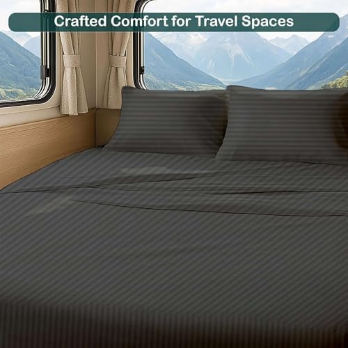 RV Short Queen Sheet Set 4 Piece - 100% Extra Long Staple Cotton, 400 Thread Count, Deep Pockets 15 to 18 Inches, Dark Grey Stripe, Hotel-Quality Bedding, Soft & Breathable Bedding for RV Bed