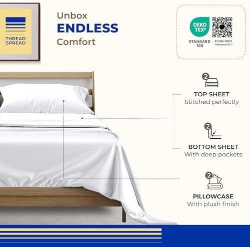 THREAD SPREAD Twin Size Bed Sheets Set, Luxury 1000 Series 100% Egyptian Cotton Sheets Twin Size (Pack of 2, White), Silky Soft, Cooling, Sateen Weave, 16" Deep Pocket Hotel Quality Sheet Set