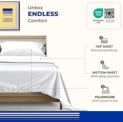 THREAD SPREAD Twin Size Bed Sheets Set, Luxury 1000 Series 100% Egyptian Cotton Sheets Twin Size (Pack of 2, White), Silky Soft, Cooling, Sateen Weave, 16" Deep Pocket Hotel Quality Sheet Set