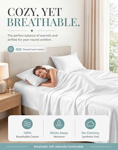 450TC 100% Cotton California King Bed Sheets - Soft Sateen Weave, White