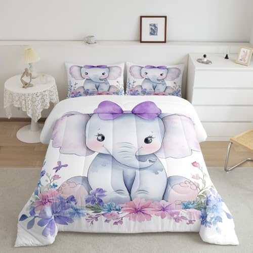 Kids Elephant Bedding Set Cute Animal Comforter Set Full For Girls Boys Kawaii Room Decor, Flower Branches Duvet Sets Cartoon Elephant With Floral Down Comforter With 2 Pillow Cases, Purple Blue