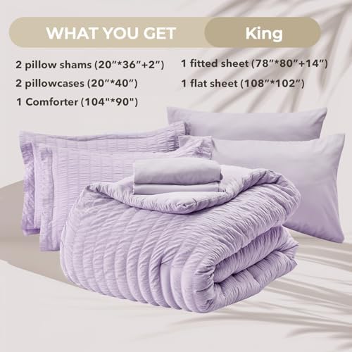 HYMOKEGE Lavender King Size Comforter Set Seersucker 7 Pieces, All Season Luxury Bed in a Bag for Bedroom, Bedding Set with Comforters, Sheets, Pillowcases & Shams