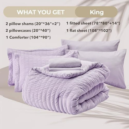HYMOKEGE Lavender King Size Comforter Set Seersucker 7 Pieces, All Season Luxury Bed in a Bag for Bedroom, Bedding Set with Comforters, Sheets, Pillowcases & Shams